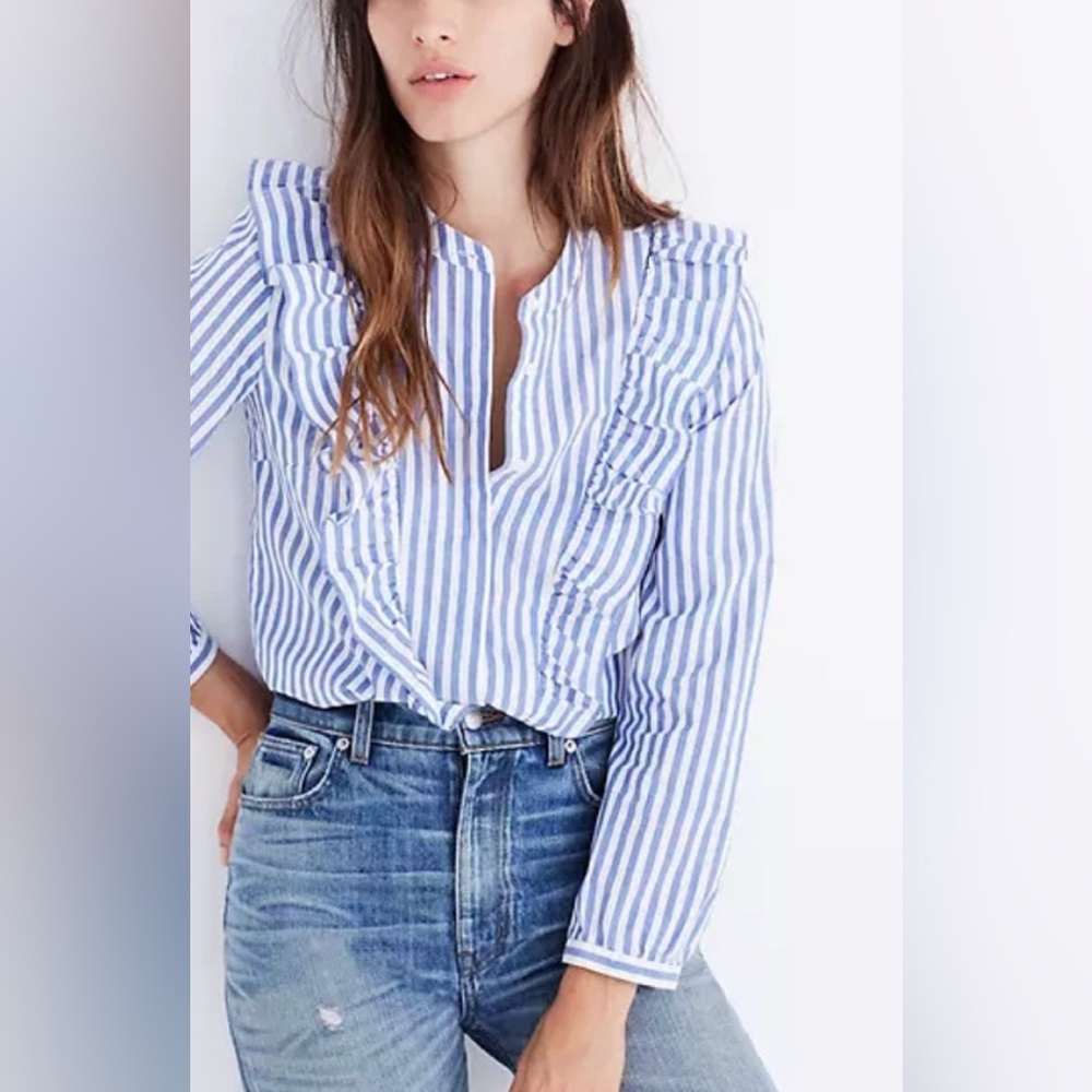 MADEWELL STRIPED RUFFLE FRONT BLOUSE BLUE WHITE XS